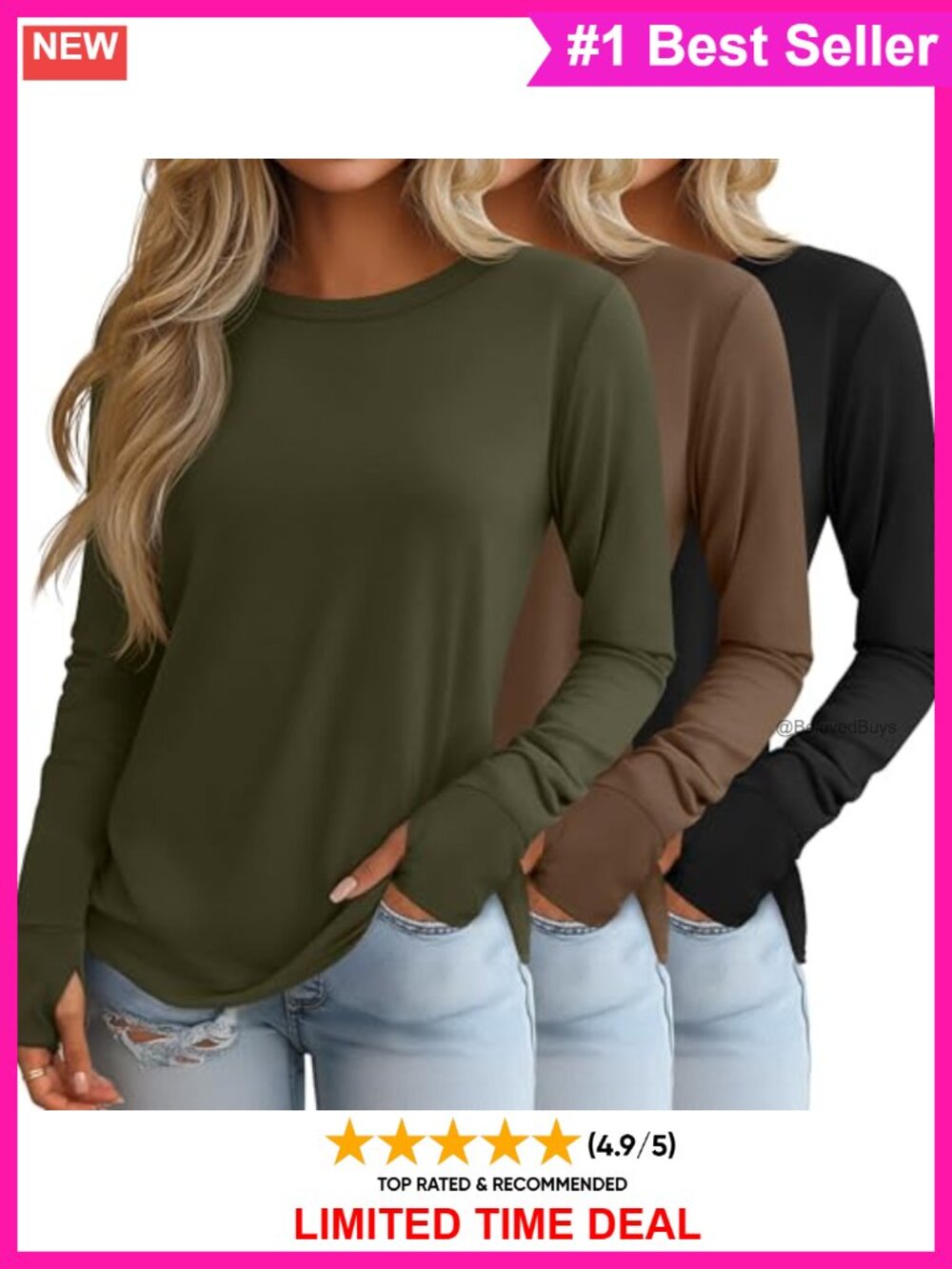 Womens Long Sleeve Cotton Shirts with Thumb Holes 3 Pack Crew Neck Tunic Tops